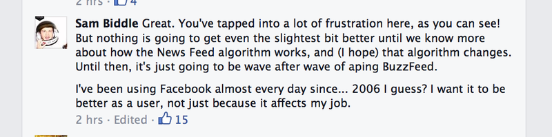 Illustration for article titled Facebook head of product complains about crap /clickbait content
